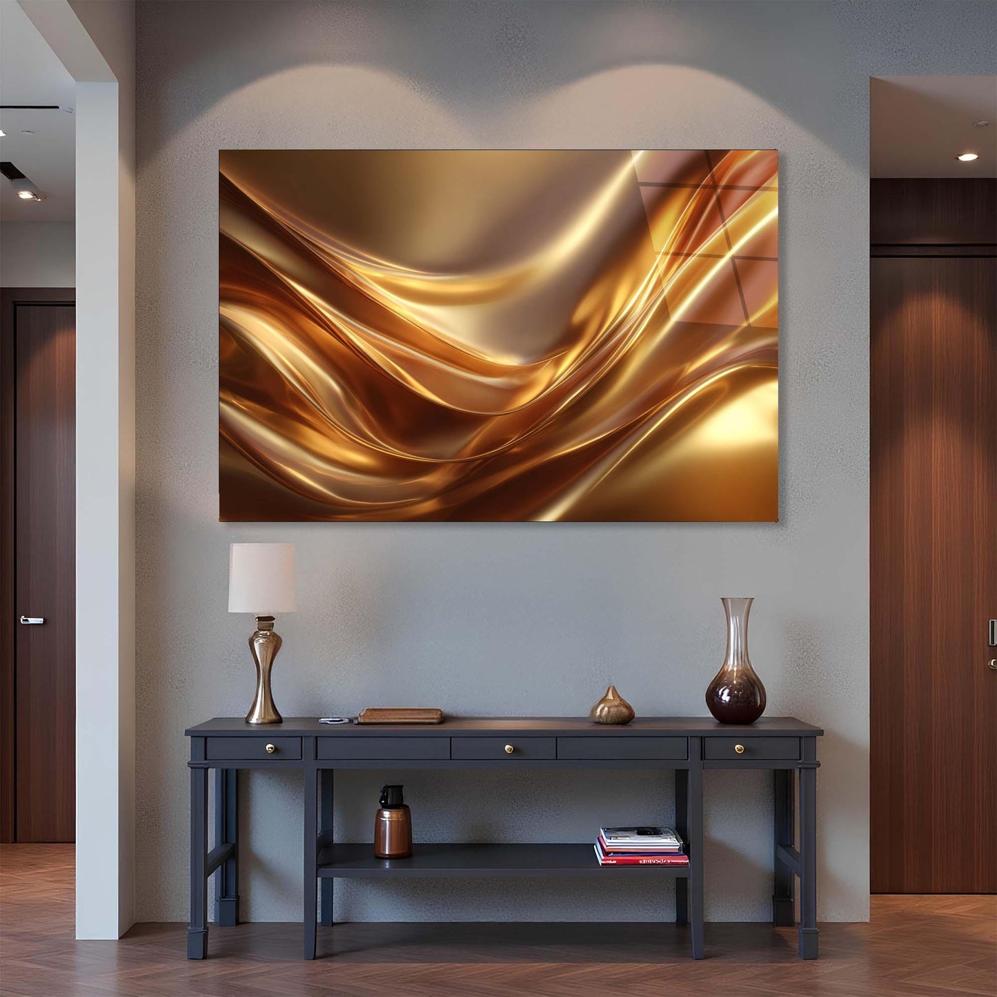 Modern interior with abstract gold artwork on a wall above a dark wooden console table.