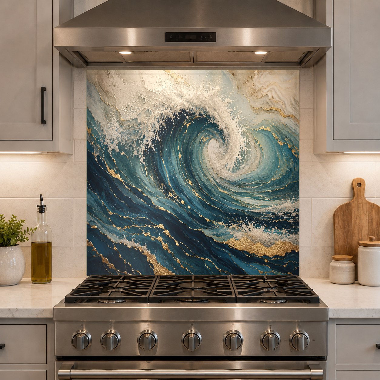 High-gloss ocean waves kitchen backsplash reflecting modern LED under-cabinet lighting.