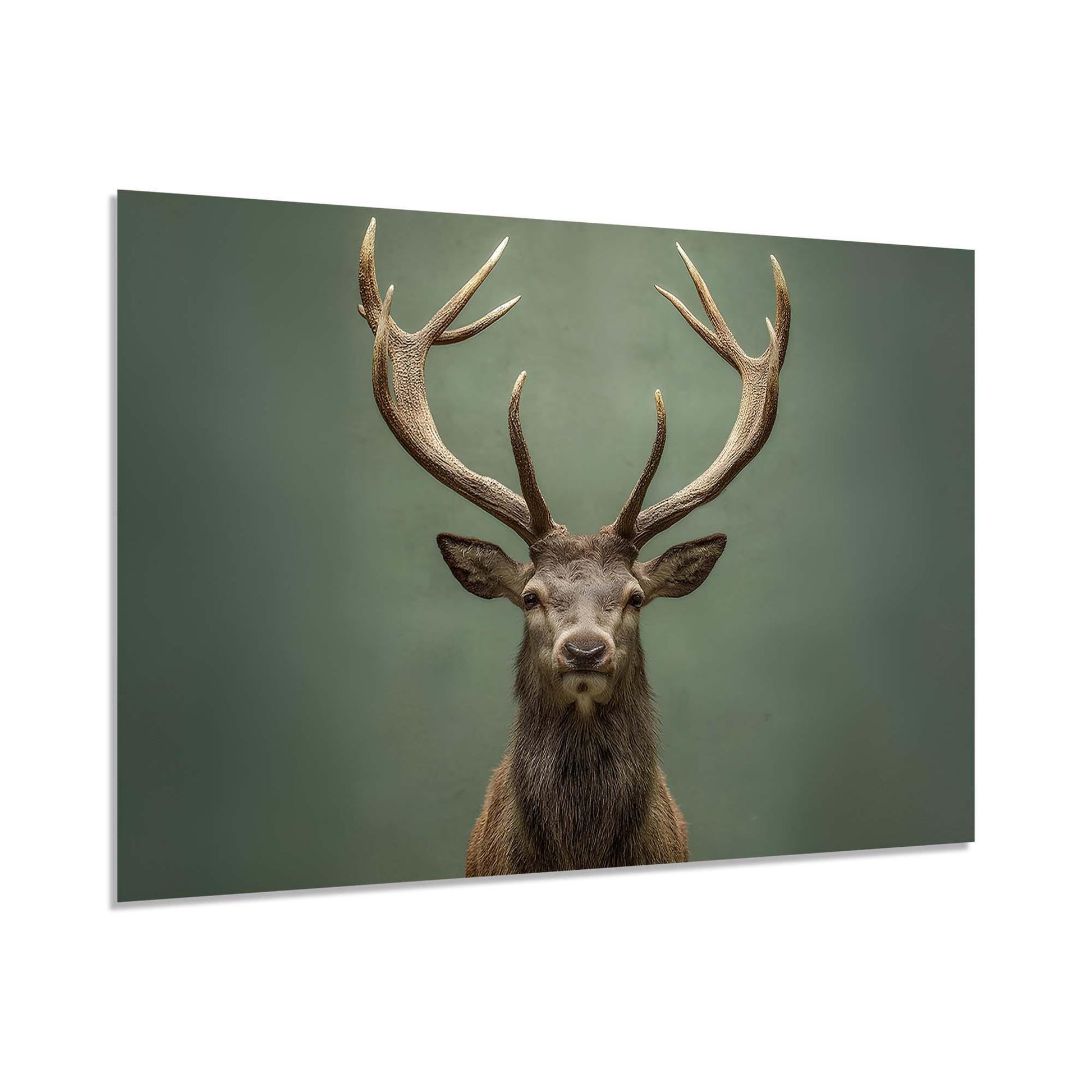 Stag with large antlers against a green background