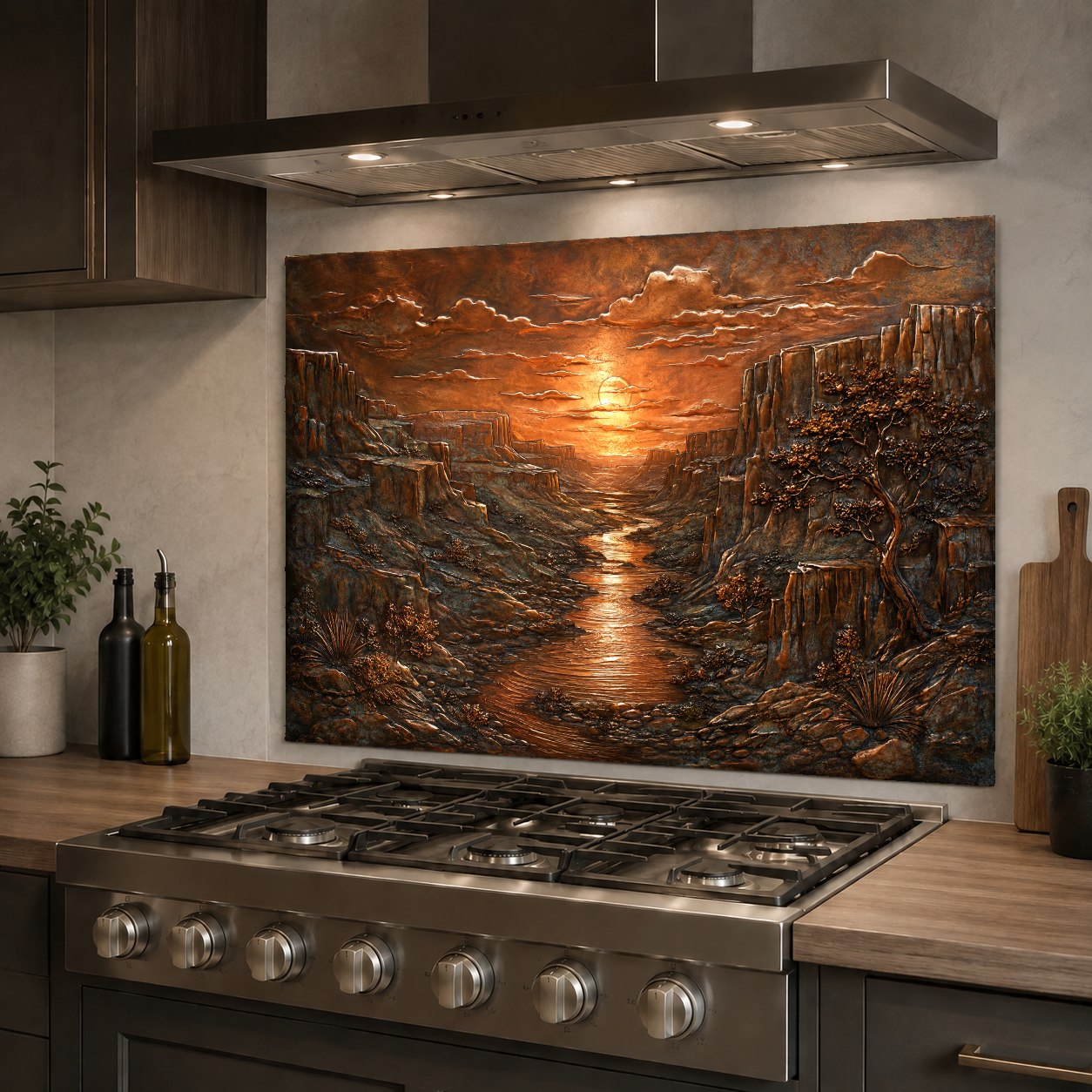Warm copper-toned glass backsplash panel mounted above a kitchen sink with modern black fixtures.