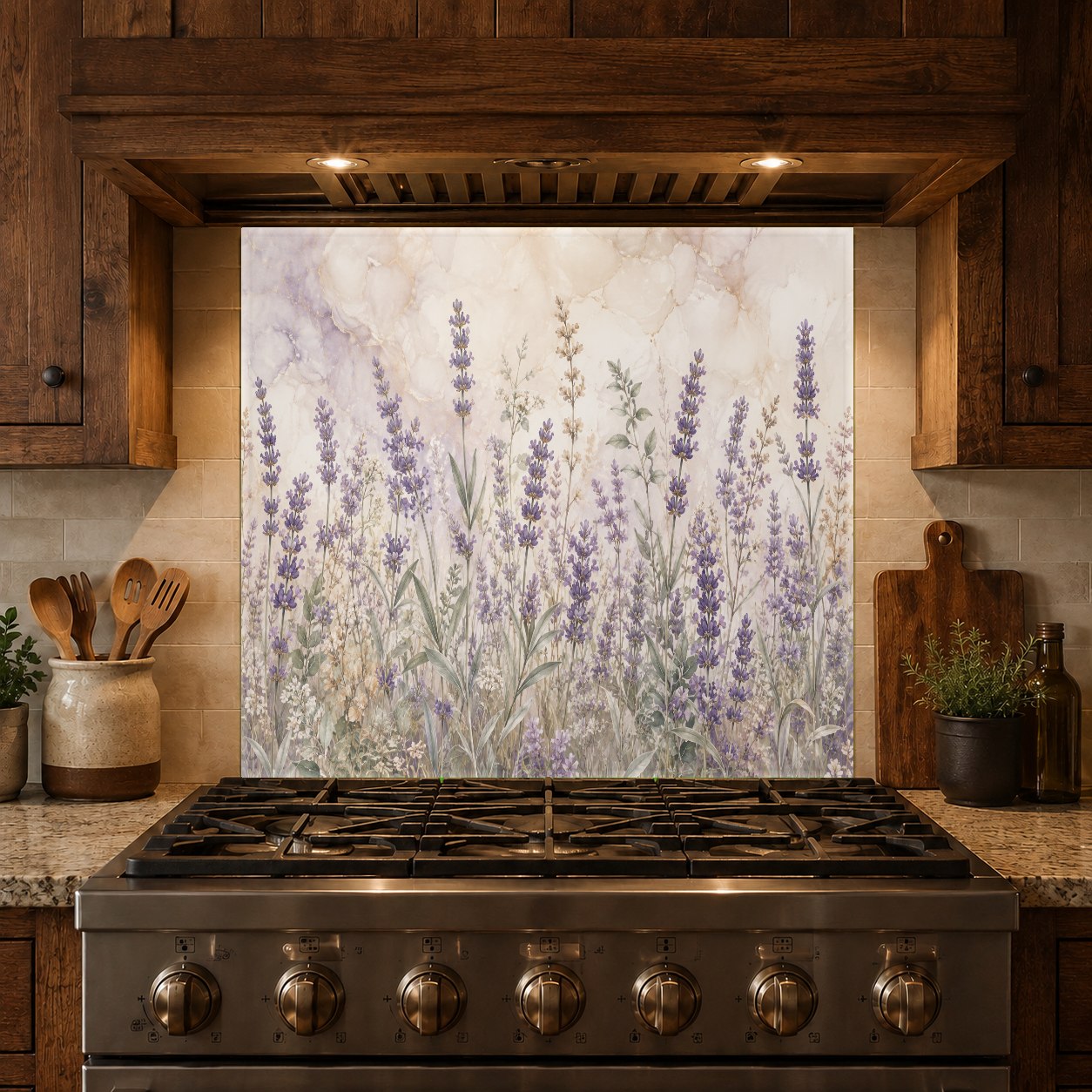 Elegant purple floral glass backsplash panel seamlessly fitted behind a professional range in a luxury kitchen.
