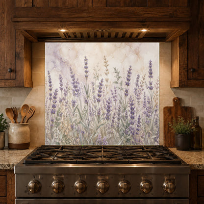Elegant purple floral glass backsplash panel seamlessly fitted behind a professional range in a luxury kitchen.