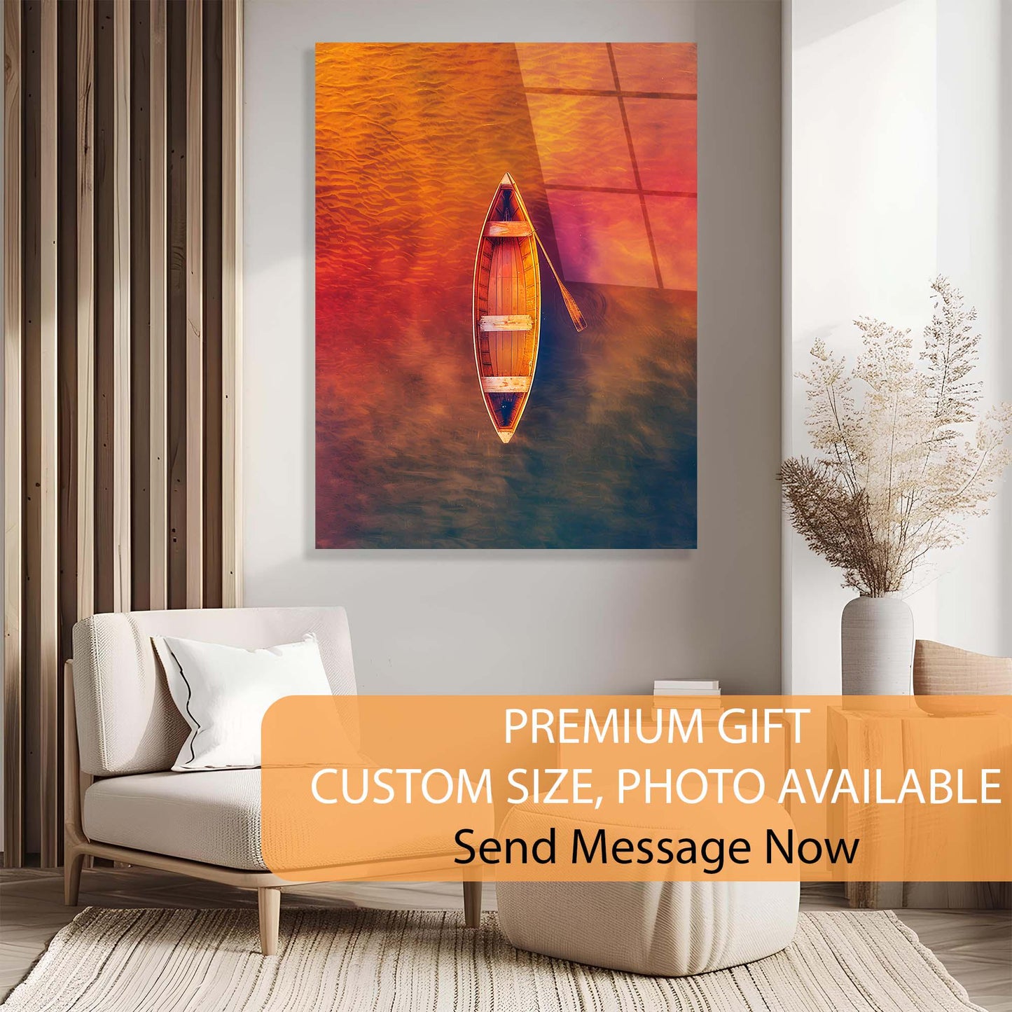 Artistic depiction of a boat on water with a modern interior setting.