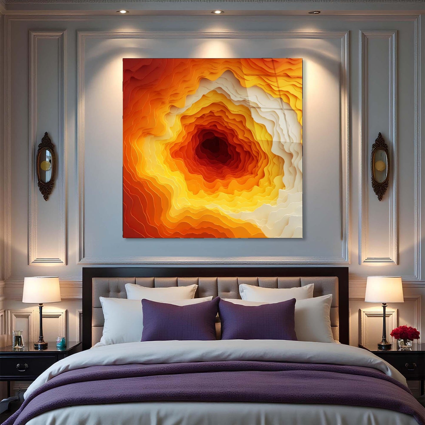 Modern bedroom with a colorful abstract painting above the bed