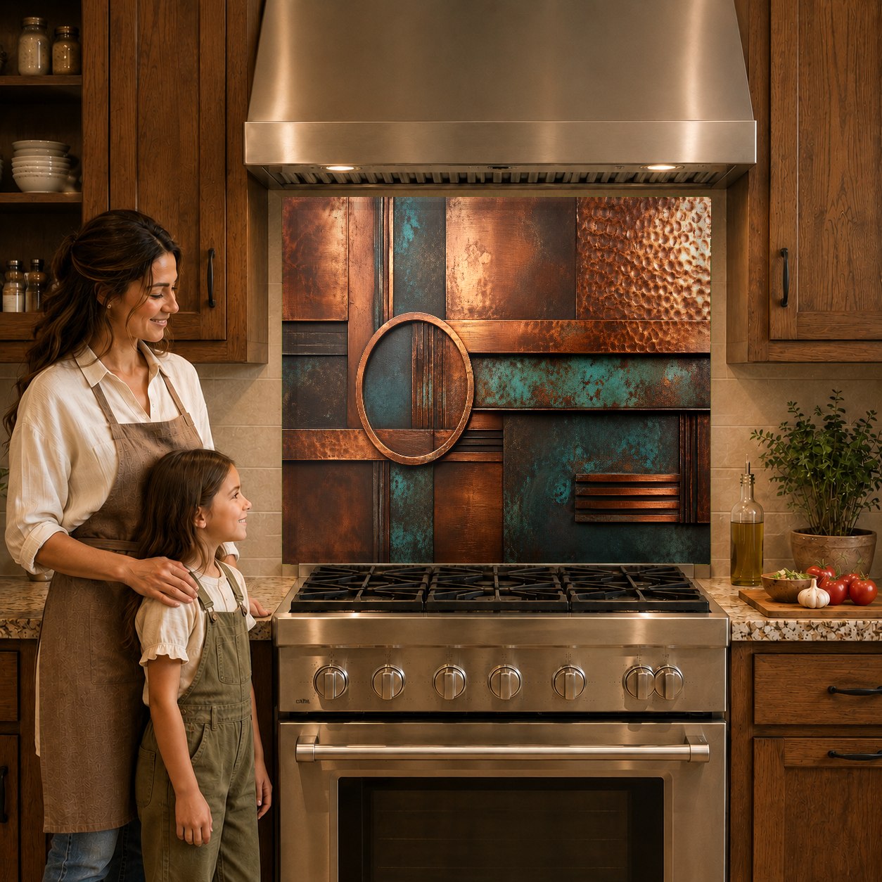 Oxidized copper look kitchen glass panel mounted behind a stainless steel cooktop