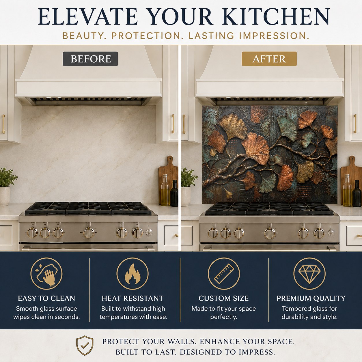 Bronze and gold ginkgo pattern glass kitchen backsplash over counter workspace