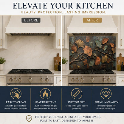 Bronze and gold ginkgo pattern glass kitchen backsplash over counter workspace