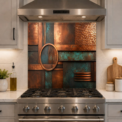 Weathered copper glass backsplash panel installed in a modern home bar area