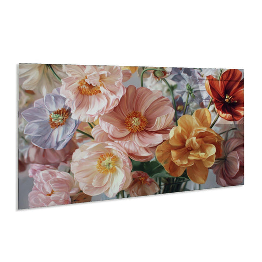 Floral painting with pink, orange, and purple flowers on a white background