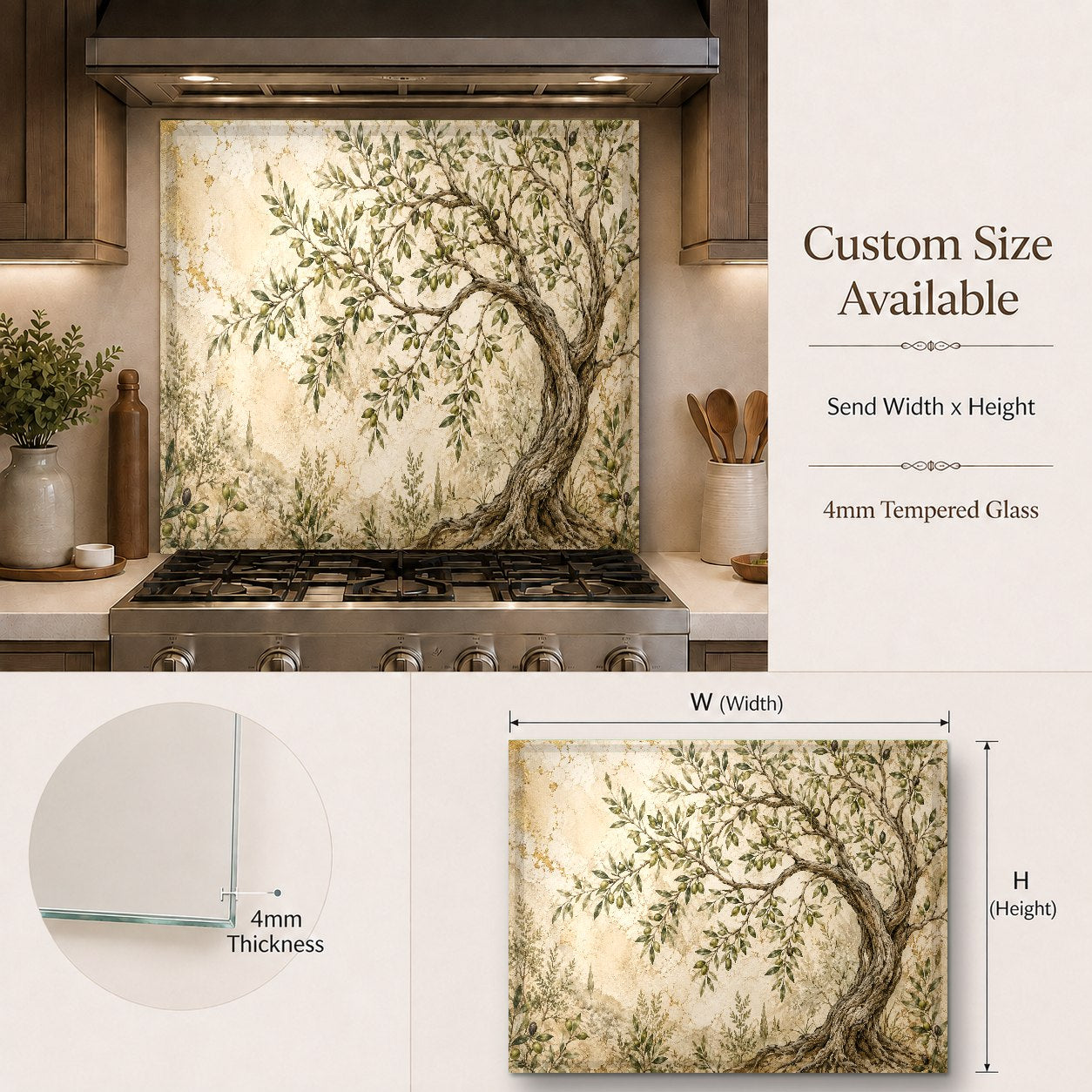 A high-gloss olive tree design glass kitchen panel installed as a protective barrier behind an electric stove.