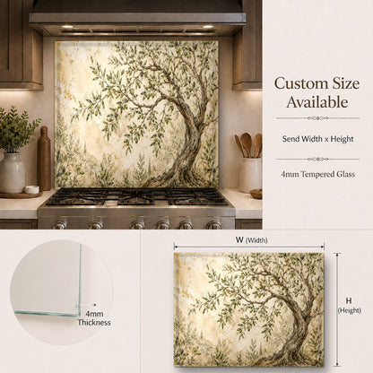 A high-gloss olive tree design glass kitchen panel installed as a protective barrier behind an electric stove.