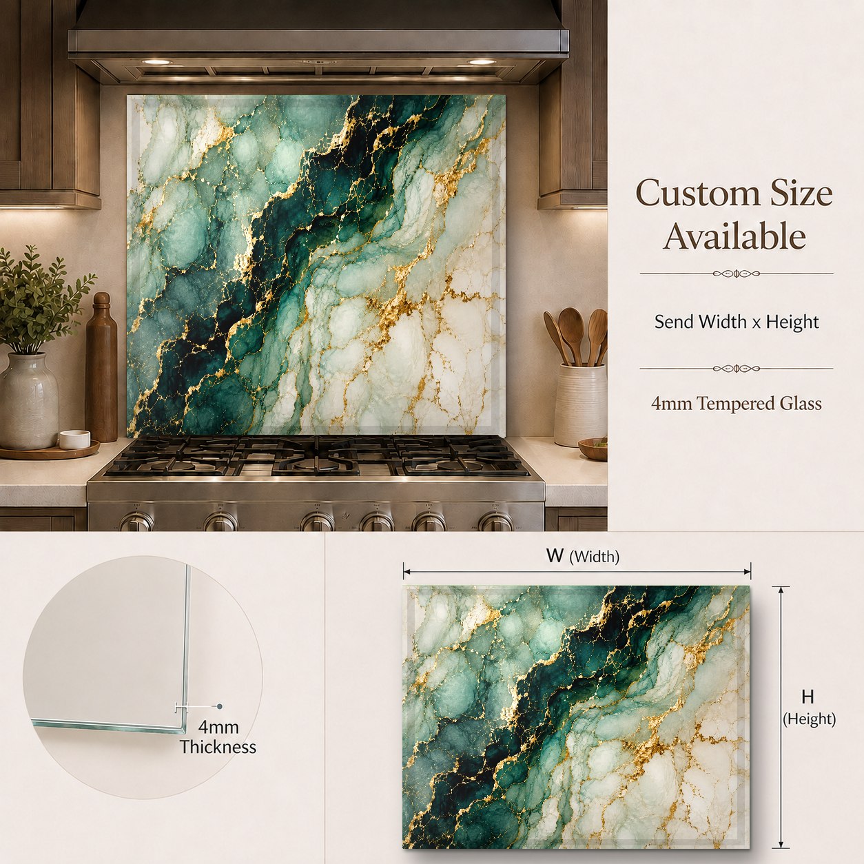 Modern kitchen layout featuring a glossy emerald veins glass backsplash panel behind the stove area.