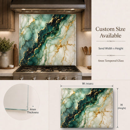 Modern kitchen layout featuring a glossy emerald veins glass backsplash panel behind the stove area.