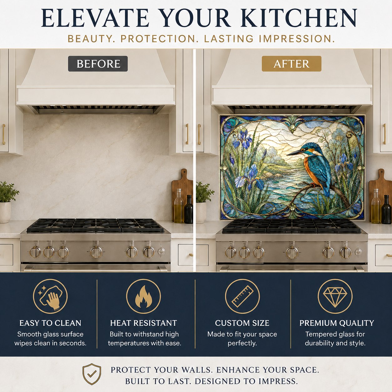 Nature themed glass kitchen backsplash protecting the wall behind the sink area