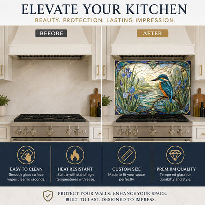 Nature themed glass kitchen backsplash protecting the wall behind the sink area