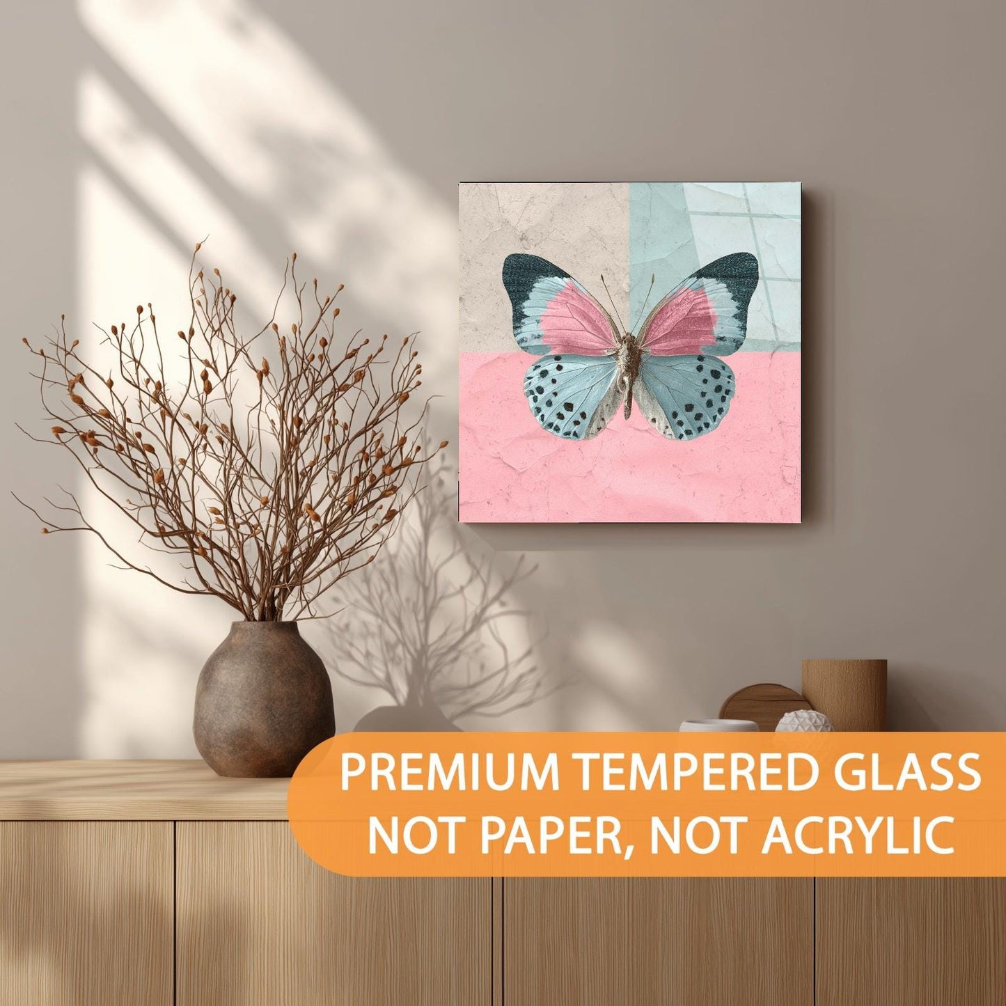 Butterfly artwork on a wall with decorative elements below