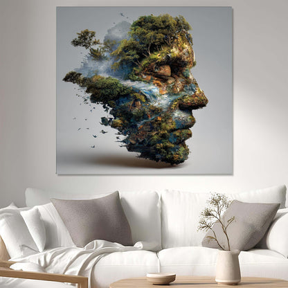 Abstract artwork of a landscape on a wall above a white sofa.