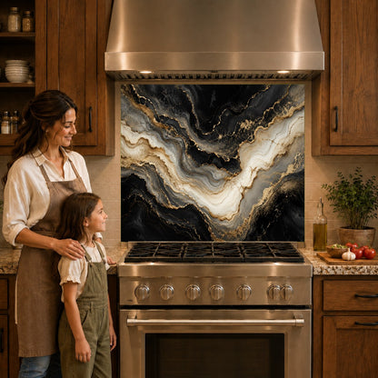 Close-up of golden marble kitchen backsplash panel showing shimmering gold veins behind a sleek induction cooktop.
