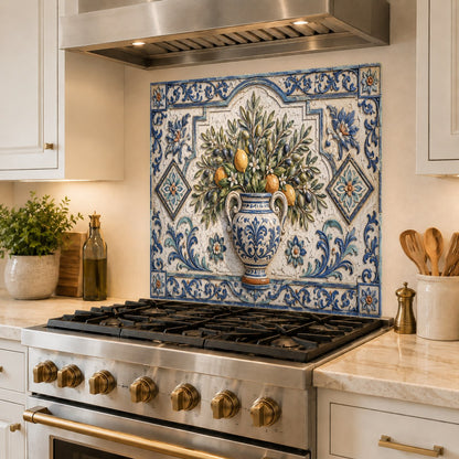 Lemon pattern glass backsplash protecting the wall behind a kitchen sink