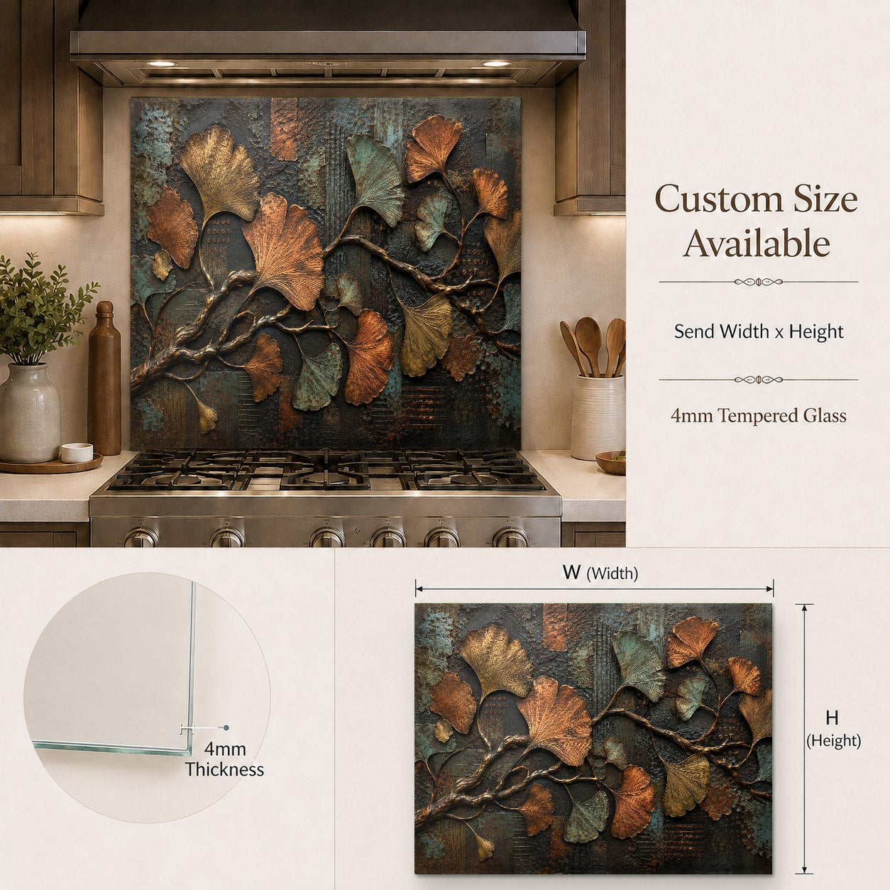Sleek tempered glass backsplash with metallic ginkgo motif in a contemporary kitchen island