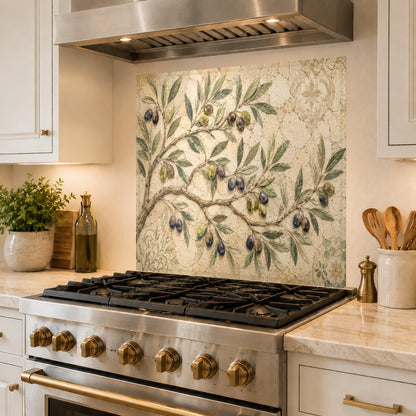 Seamless tempered glass backsplash panel with Mediterranean orchard theme in a luxury home