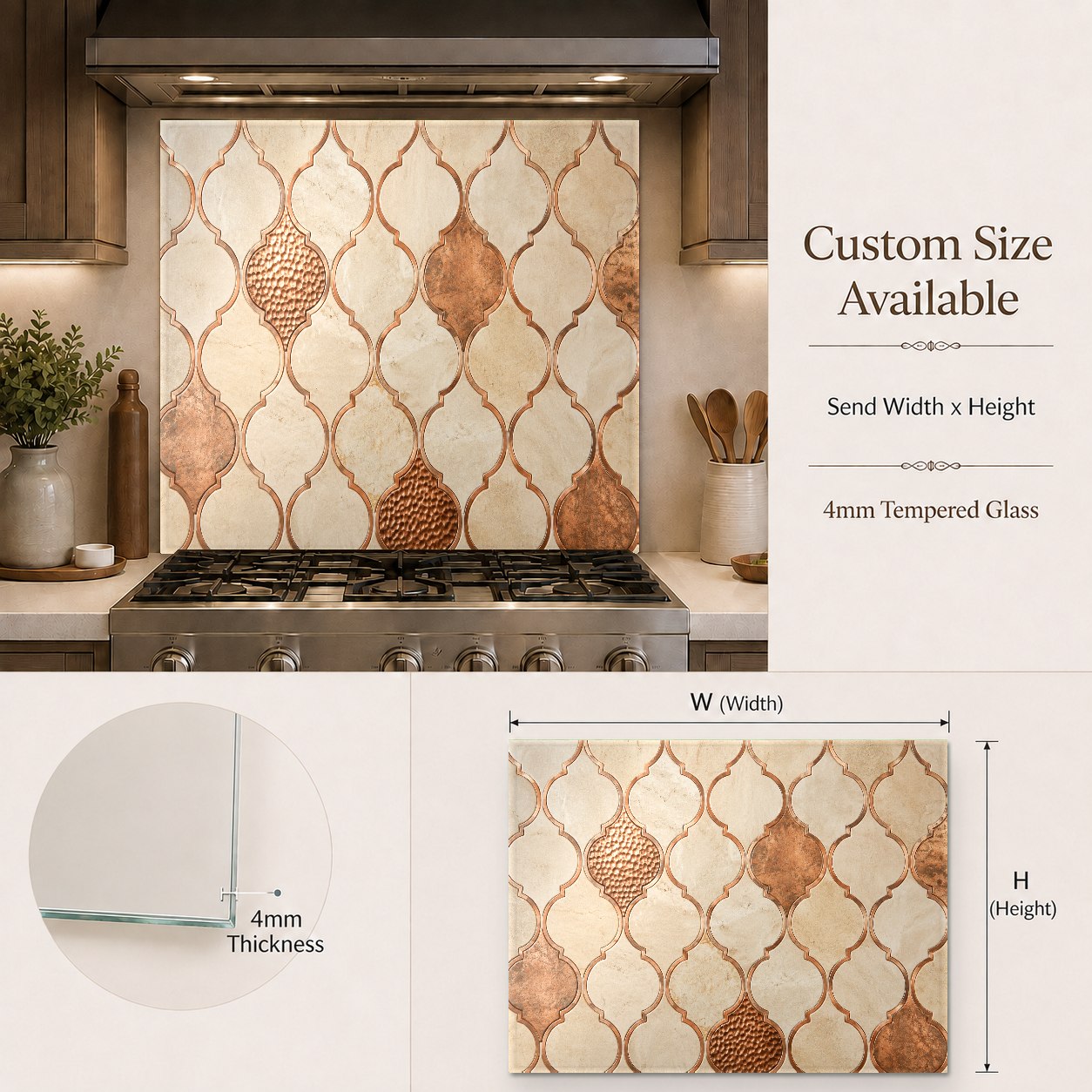 Sleek copper and bronze geometric tempered glass panel serving as a stylish backsplash in a home bar area.