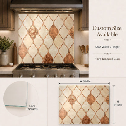 Sleek copper and bronze geometric tempered glass panel serving as a stylish backsplash in a home bar area.