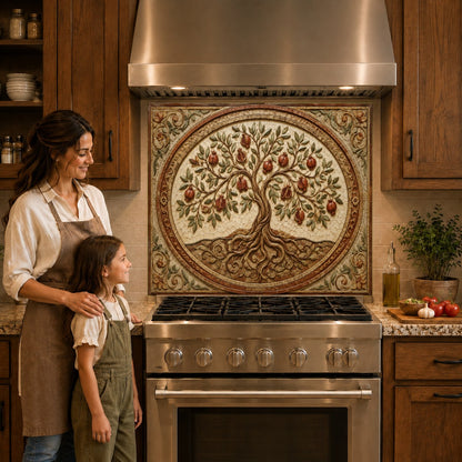 A vibrant red pomegranate glass backsplash panel acting as a stove splash guard in a rustic kitchen.