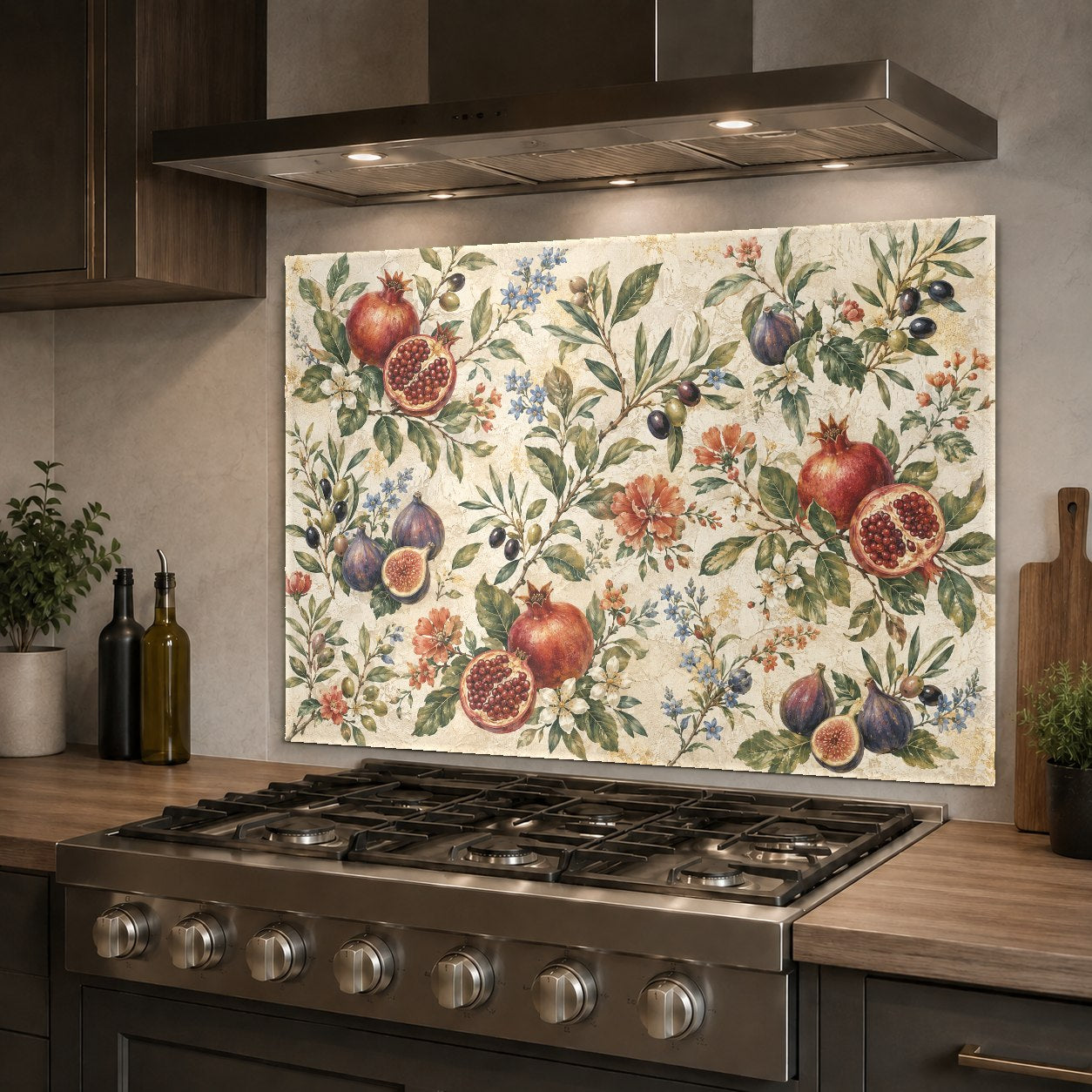 Close-up of the heat-resistant pomegranate glass backsplash panel showing the high-gloss scratch-resistant finish.