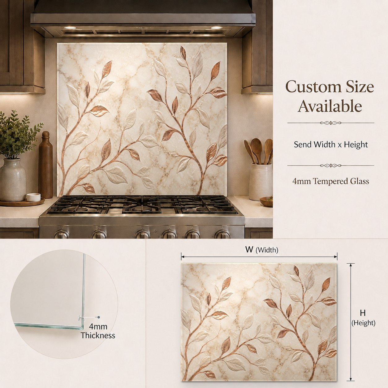Custom glass backsplash with copper leaf design installed in a luxury kitchen bar area