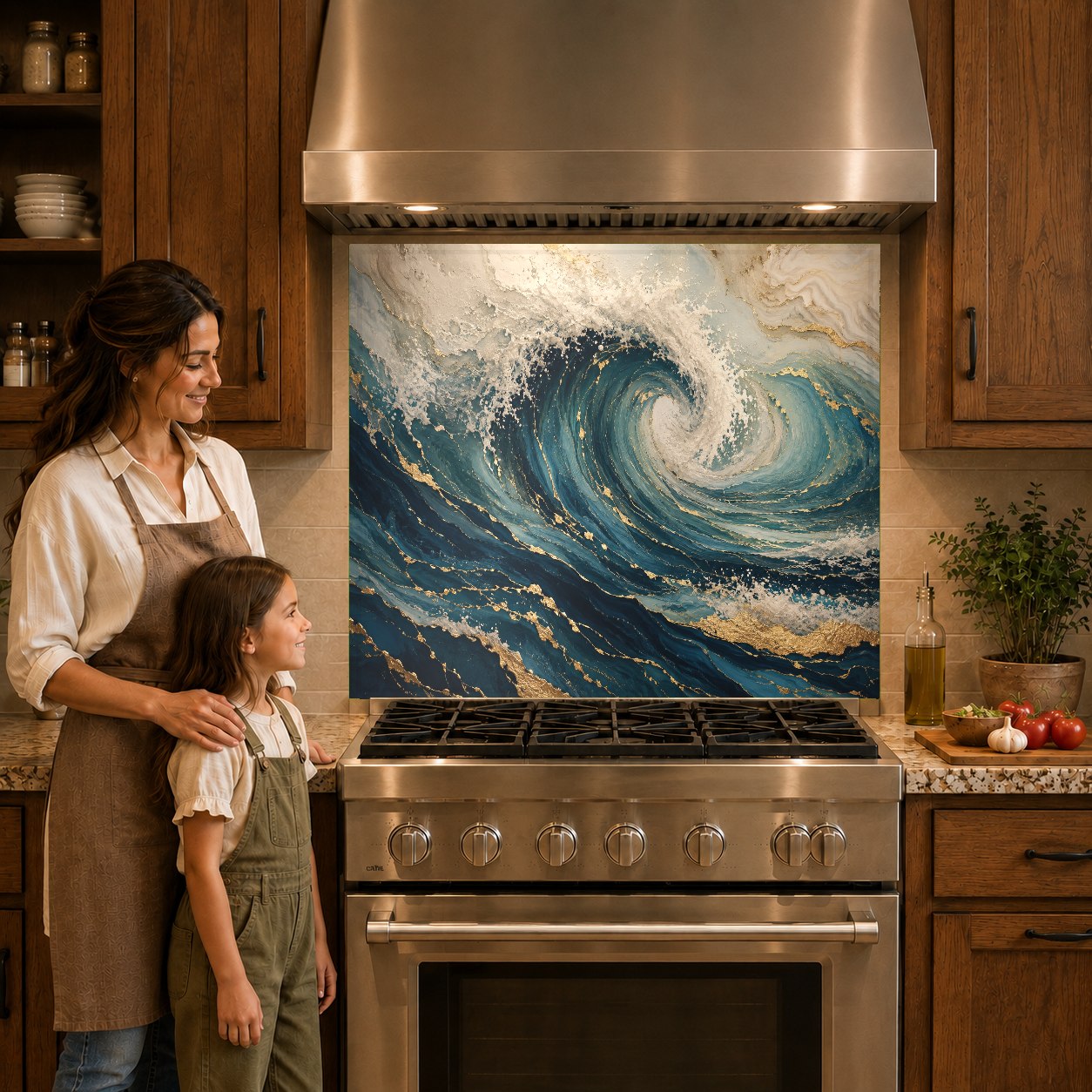Deep blue ocean wave glass backsplash panel behind a kitchen cooktop with white countertops.