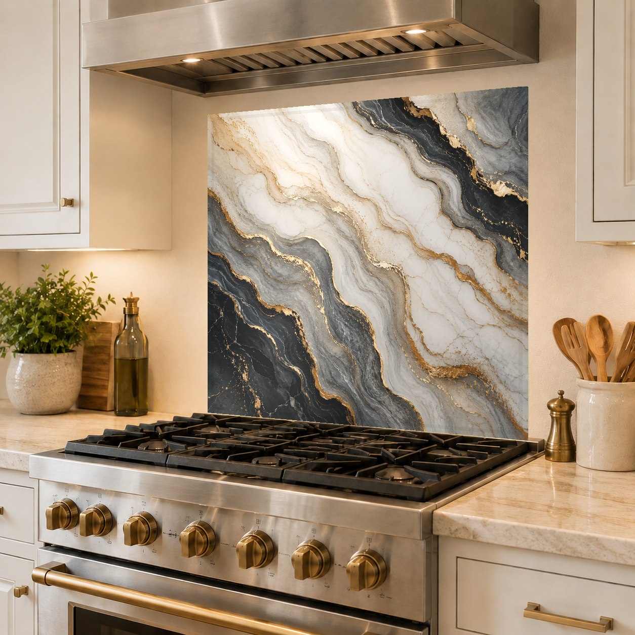 Elegant marble pattern glass backsplash panel installed behind a stove in a bright, modern kitchen.