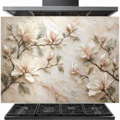 Magnolia marble tempered glass backsplash installed behind a modern kitchen stove