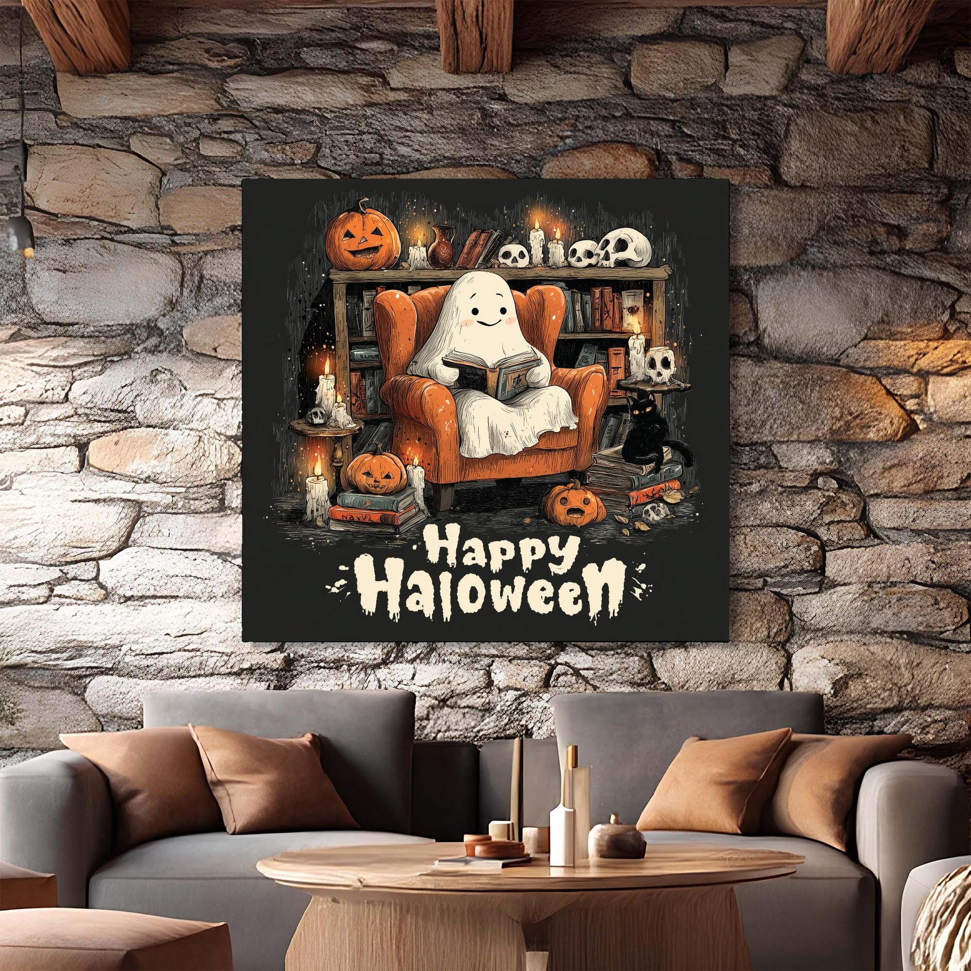 Halloween-themed wall art with a ghost on an armchair against a stone wall.
