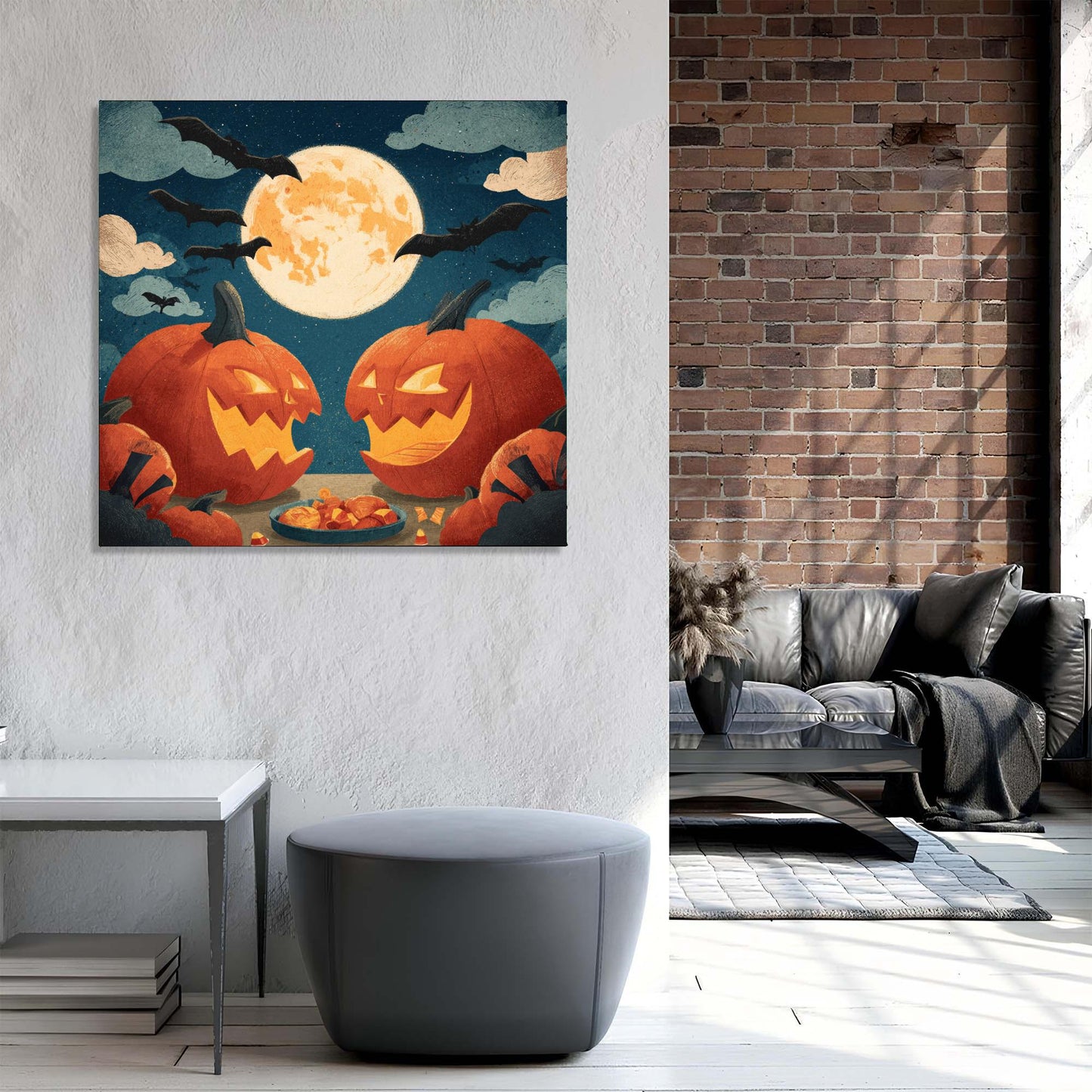 Halloween-themed wall art with pumpkins in a living room setting.