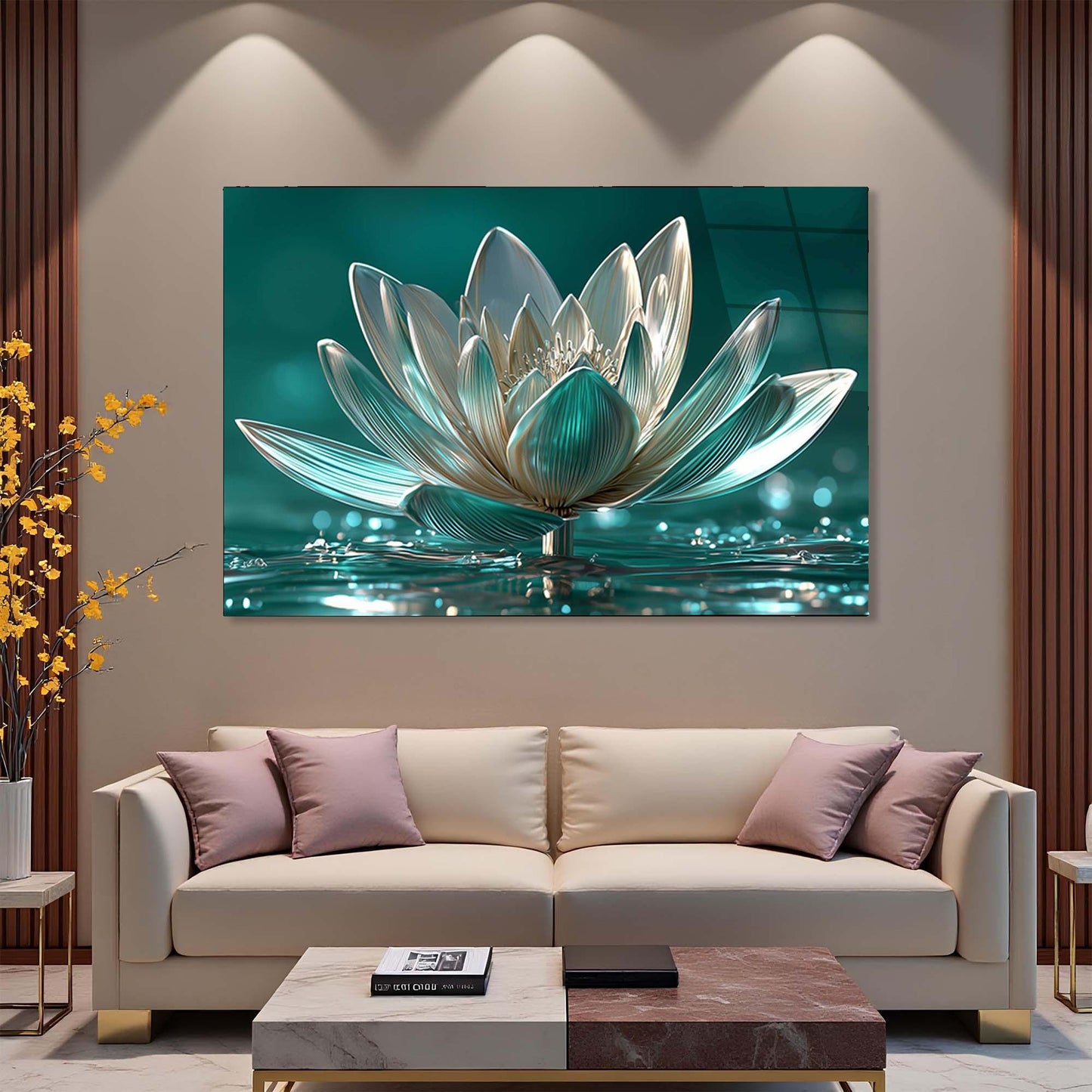 Modern living room with a large wall art of a lotus flower above a beige sofa.