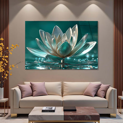 Modern living room with a large wall art of a lotus flower above a beige sofa.