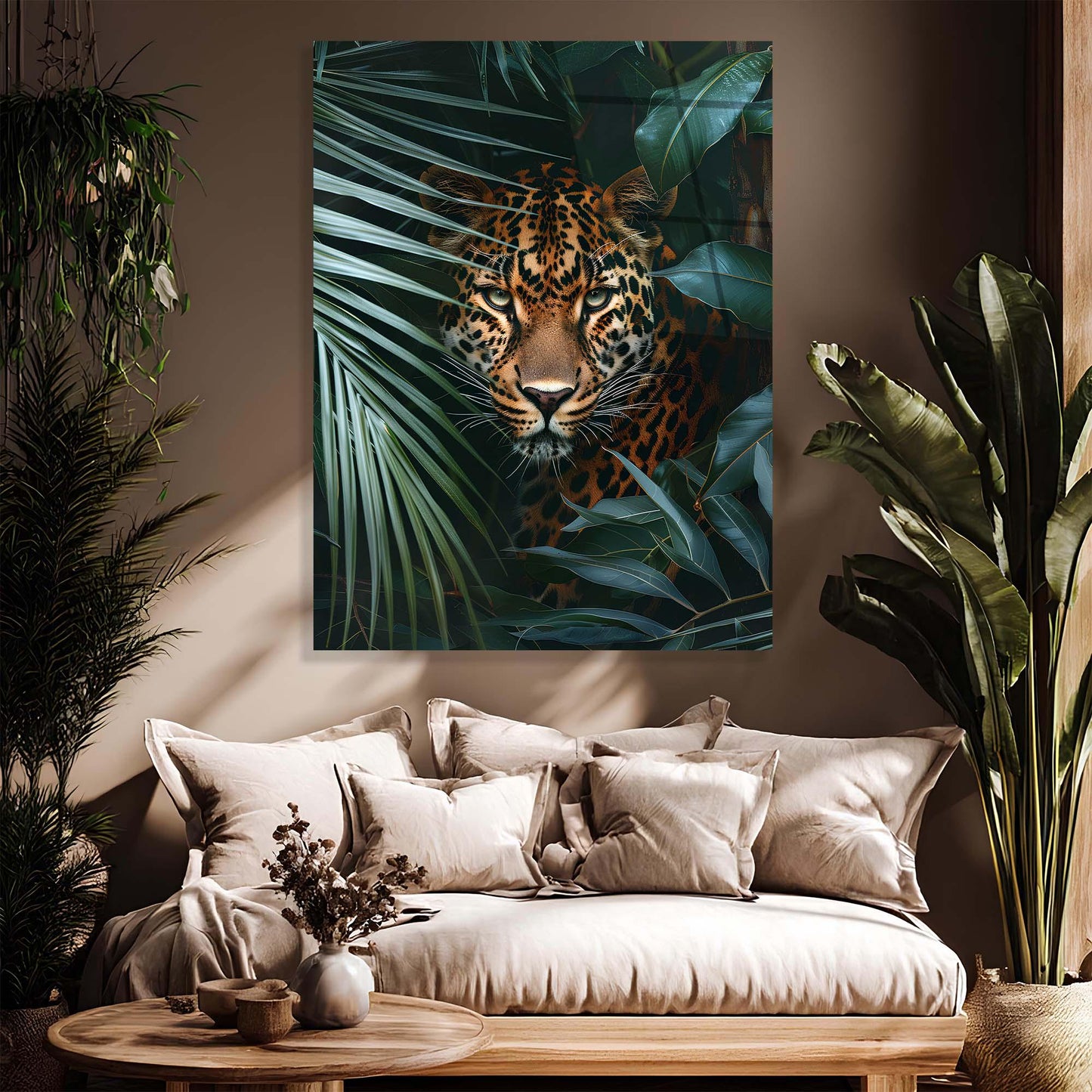 Living room with a sofa, decorative pillows, and a large wall art of a leopard among leaves.