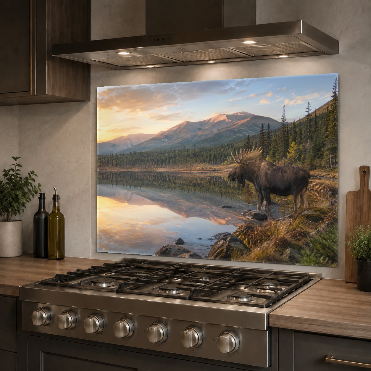 Sleek kitchen cooktop area with a high-gloss Lake Elk tempered glass splash guard protecting the wall.