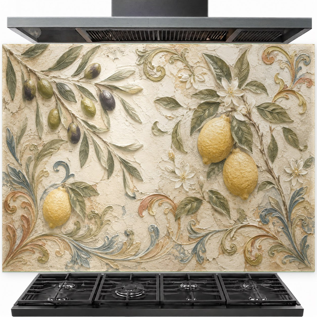 Lemon and olive tempered glass backsplash installed behind a modern gas stove in a bright Mediterranean kitchen.