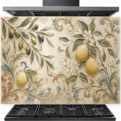 Lemon and olive tempered glass backsplash installed behind a modern gas stove in a bright Mediterranean kitchen.