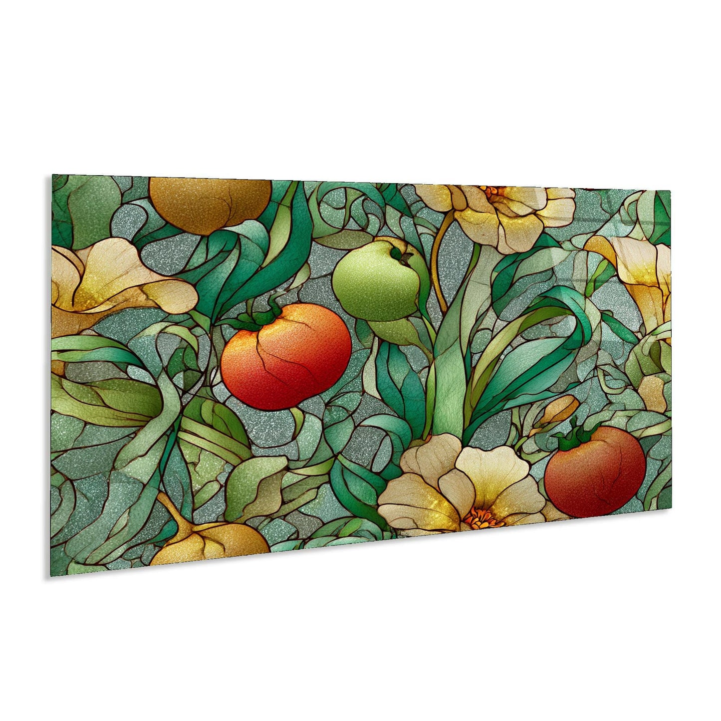 Decorative mat with a colorful fruit and leaf pattern on a white background