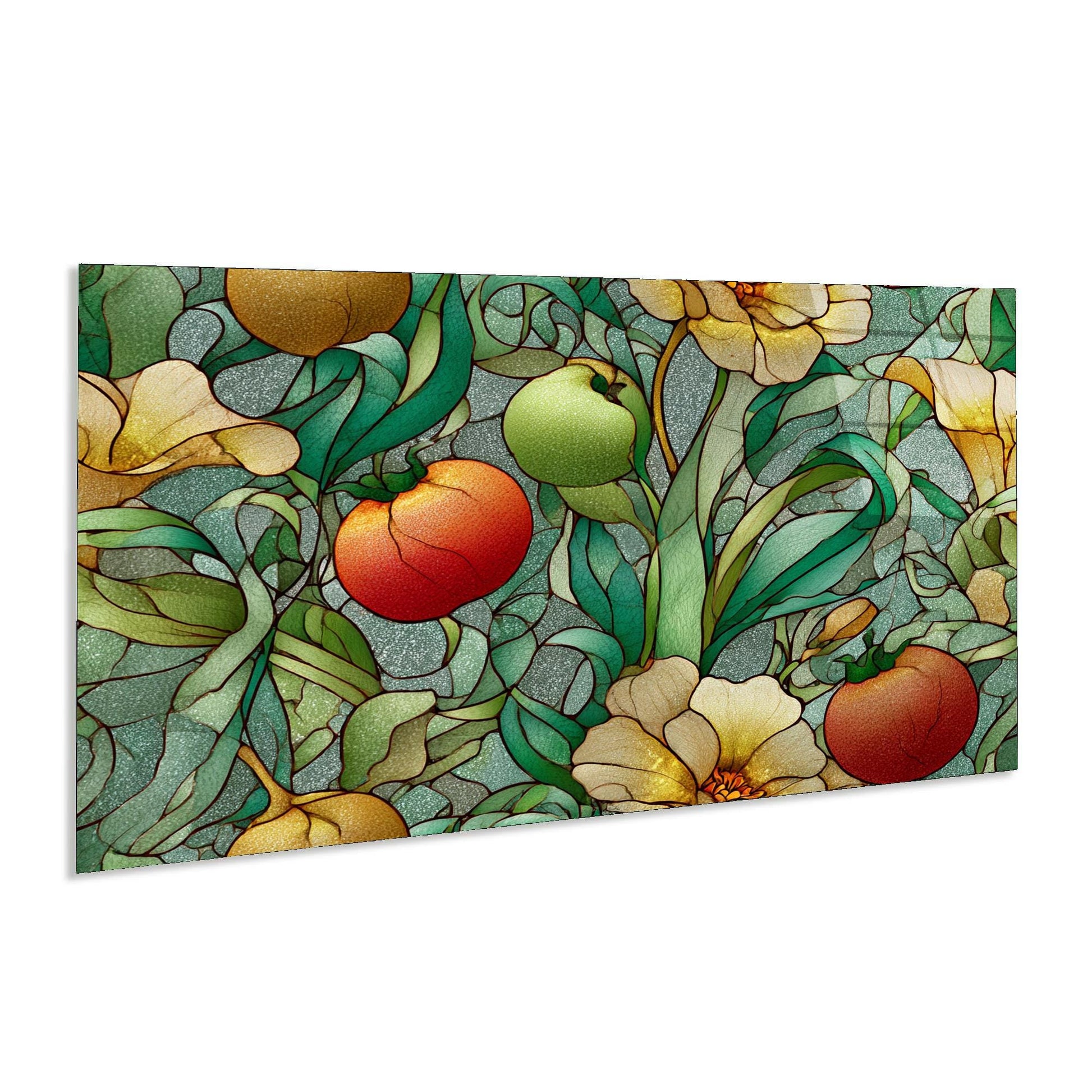 Decorative mat with a colorful fruit and leaf pattern on a white background