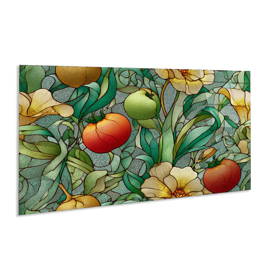 Decorative mat with a colorful fruit and leaf pattern on a white background
