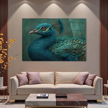 Living room with a peacock painting on the wall above a beige sofa.