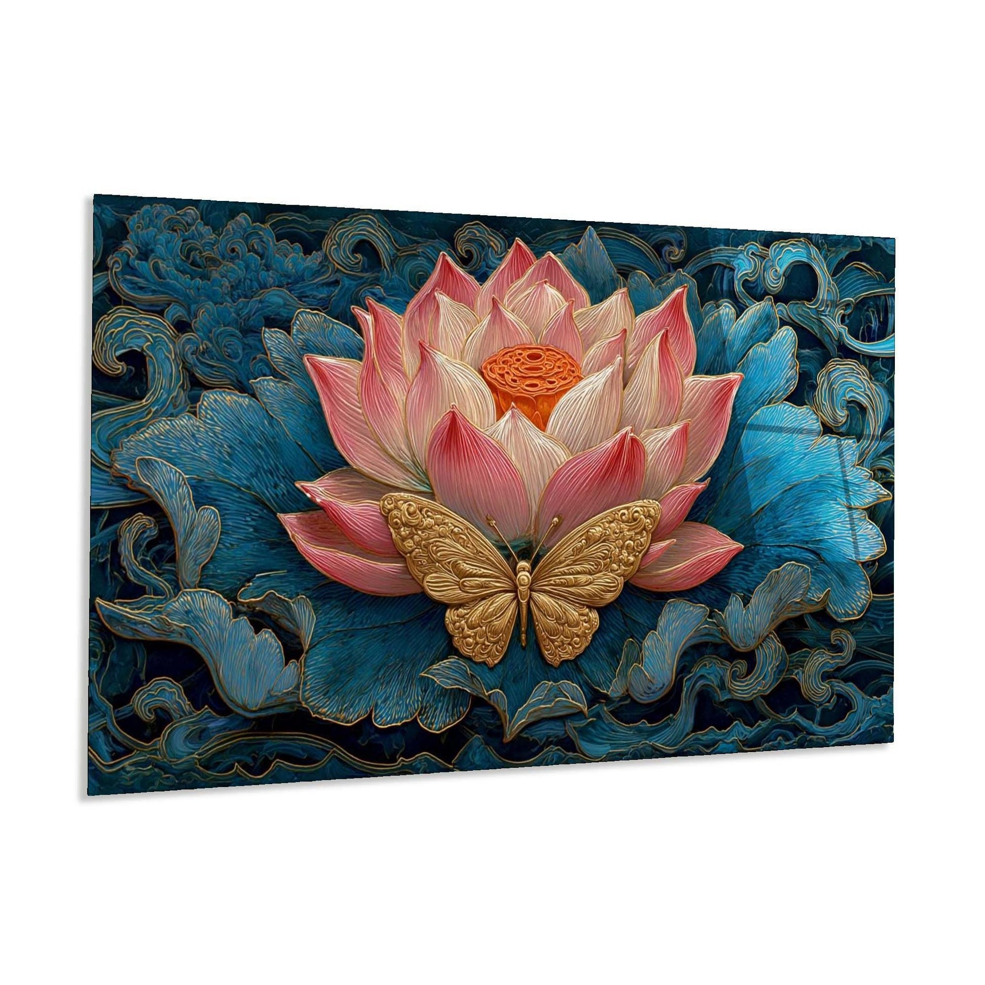 Decorative panel with pink lotus flower and gold butterfly on a blue floral background