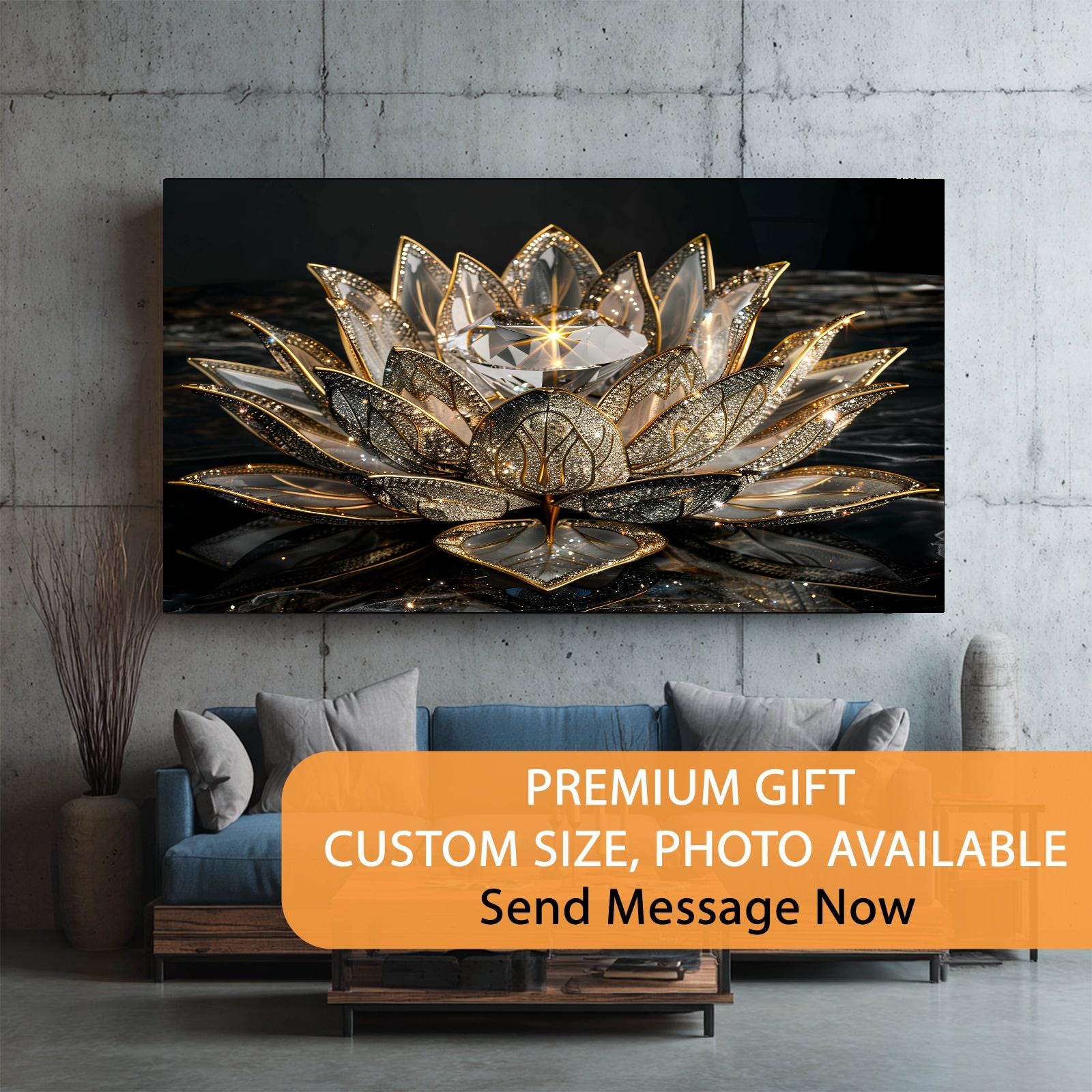 Decorative wall art of a metallic lotus flower in a modern living room.