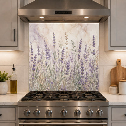 Custom-sized lavender meadow tempered glass backsplash installed as a stove splash guard in a rustic kitchen.