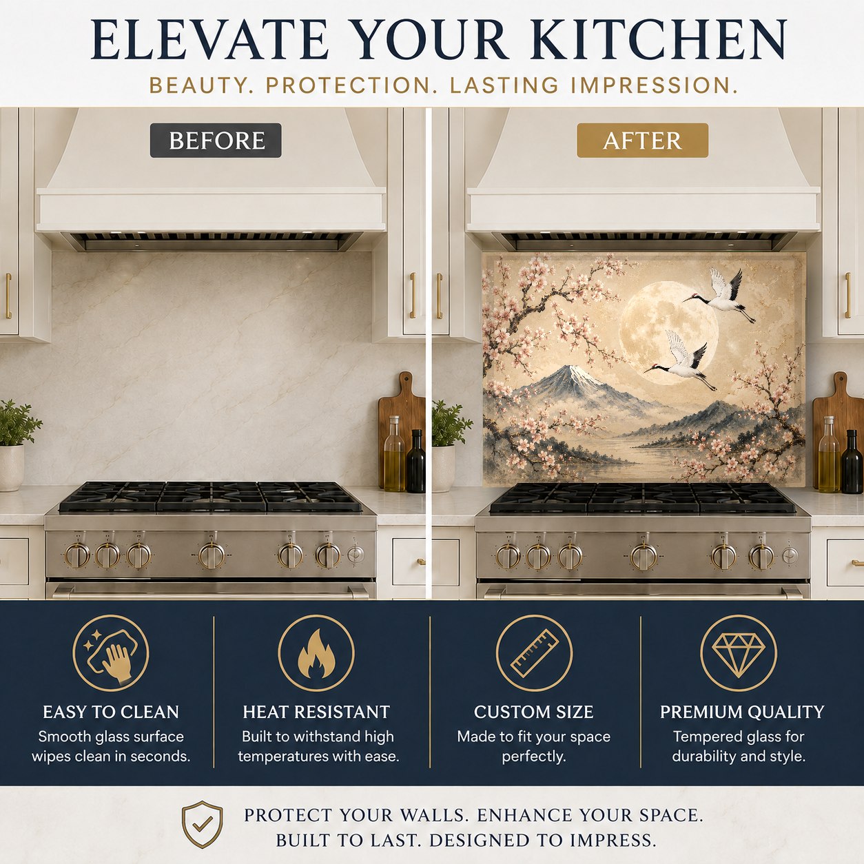 Elegant Zen crane design glass backsplash on a kitchen sink wall, reflecting soft under-cabinet lighting.