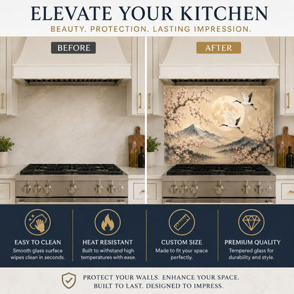 Elegant Zen crane design glass backsplash on a kitchen sink wall, reflecting soft under-cabinet lighting.